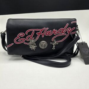 Ed Hardy Red Logo Crossbody Clutch Bag Cross Skull Rose Metal Emb Black NWT